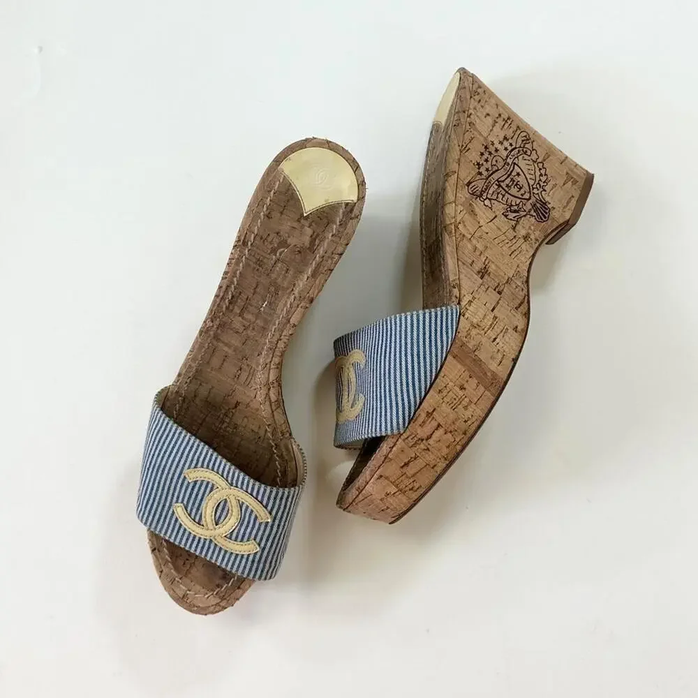 Y2k chanel cruise blue striped cork wedges
